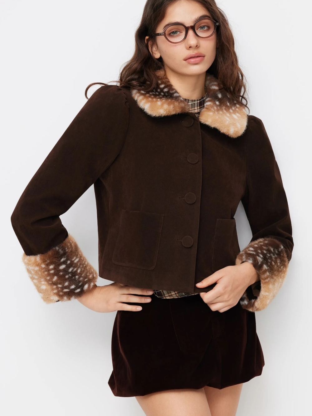 Cider Brown Faux-Suede Jacket with Spotted Faux-Fur Trim